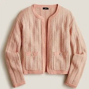 J. Crew Pink and Cream Open Front Tweed-Inspired Knit Cardigan